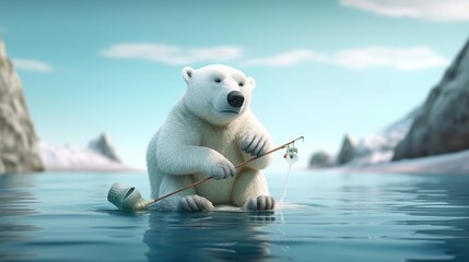 Cartoon Polar bear catch fish on ice in the sea on fishing rod. Polar Bear Day. Perfect content for wallpaper