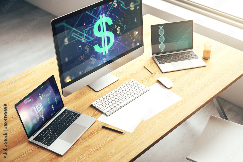 Poster modern computer monitor with creative usd symbols hologram. banking and investing concept. 3d render