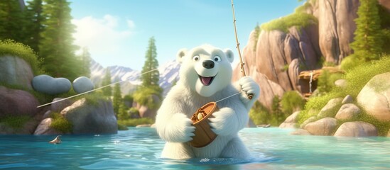 Cute Polar bear Mommy and child fishing together with smiling face,Family bear Dad and cub catching fish in sunny day in sunny day,Greeting - obrazy, fototapety, plakaty