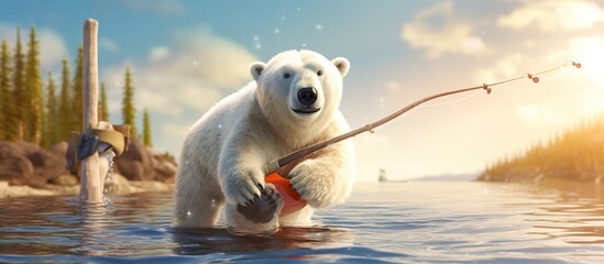 Cute Polar bear Mommy and child fishing together with smiling face,Family bear Dad and cub catching fish in sunny day in sunny day,Greeting - obrazy, fototapety, plakaty