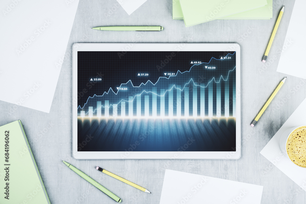 Fototapete top view of abstract creative financial graph on modern digital tablet screen, forex and investment 