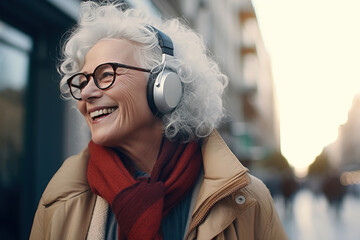 an elderly woman listens to music with headphones while walking along a city street, a happy...