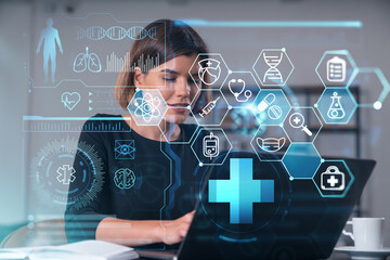 Pensive attractive beautiful businesswoman in formal wear working on laptop at office workplace in background. flying medical icons. Concept of health care and insurance. Table, notebook.