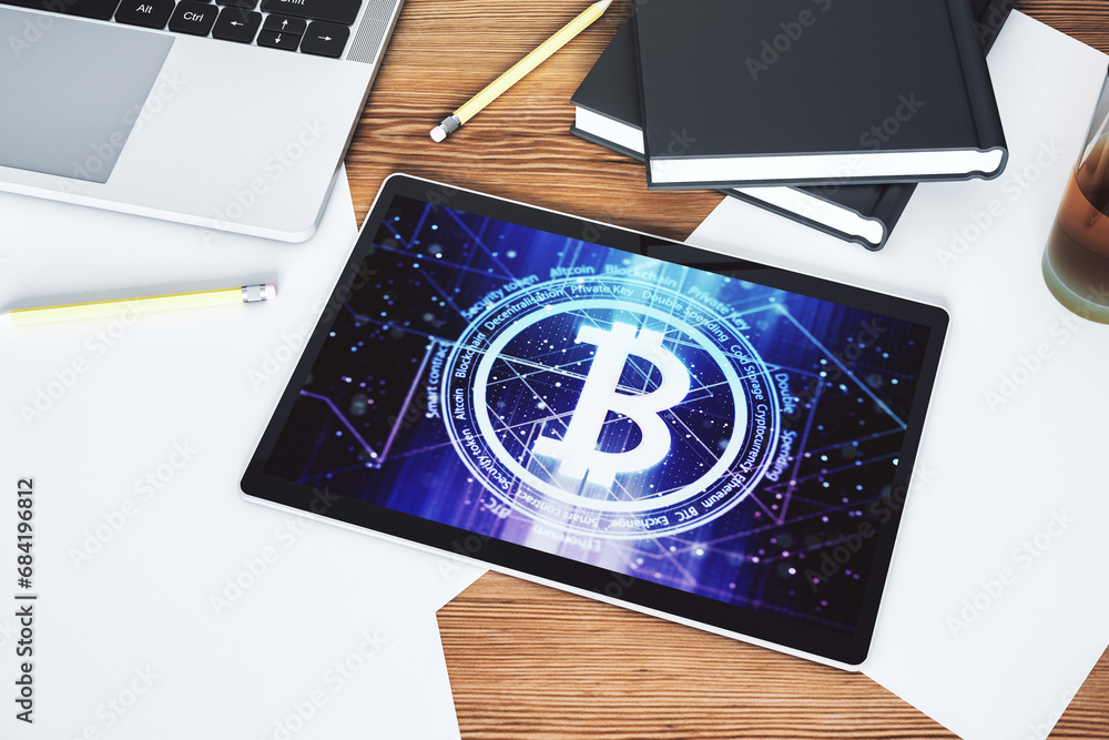 Poster Modern digital tablet monitor with creative Bitcoin symbol. Cryptocurrency concept. Top view. 3D Rendering