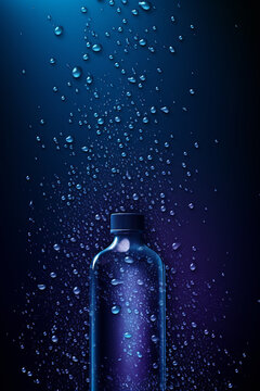 Bottle with water drops on blue background