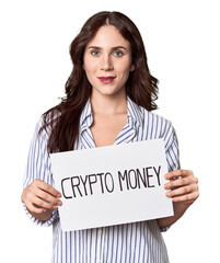 Young Caucasian woman with 'cryptomoney' banner in studio