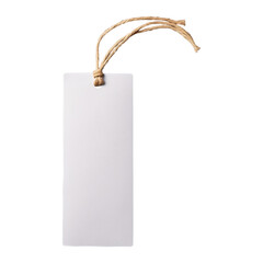 blank white price tag or bookmark with Twine Mockup isolated on a transparent background., Cardboard label with rope or Jute String template PNG  - obrazy, fototapety, plakaty