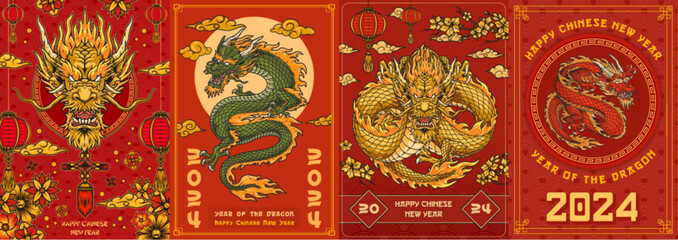 New year dragon set posters - obrazy, fototapety, plakaty