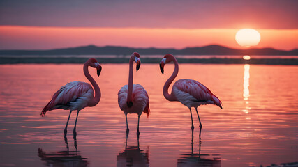 Pink flamingos in the lake at golden hour. Generative Ai
