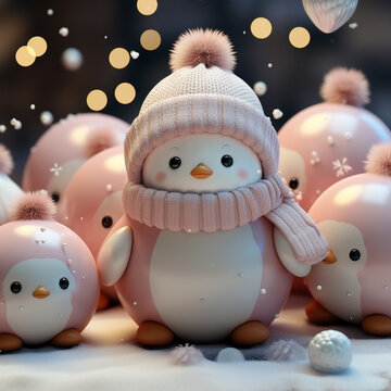 Cute christmas penguins wearing pink knitted clothes on wither background with snowflakes and lights