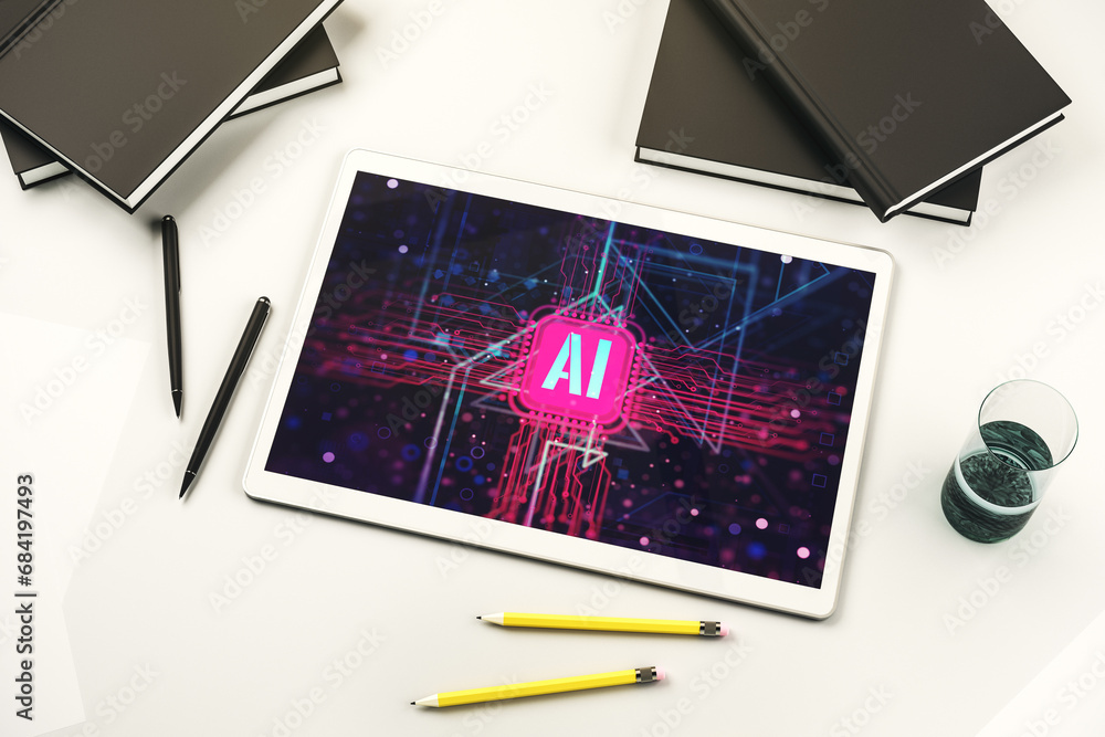 Poster Creative artificial Intelligence symbol concept on modern digital tablet display. Top view. 3D Rendering