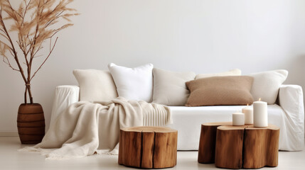 Fototapeta na wymiar Scandinavian Rustic Modern Living Room. Cozy Ambiance with Tree Stump Coffee Tables, a White Sofa adorned with a Woolen Blanket, All Against a White Wall.