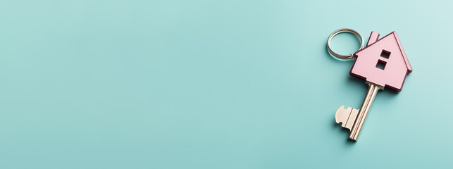 house key with house shaped keychain isolated on pastel background.moving, new home, business, investment and real estate concept.copy space