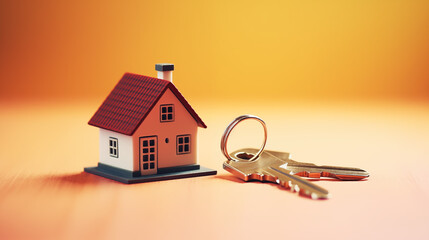 house key with house shaped keychain isolated on pastel background.moving, new home, business, investment and real estate concept.copy space - obrazy, fototapety, plakaty