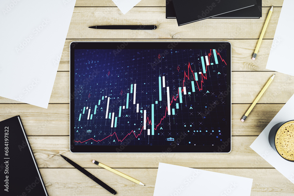 Fototapete Top view of abstract creative financial diagram on modern digital tablet display, banking and accounting concept. 3D Rendering
