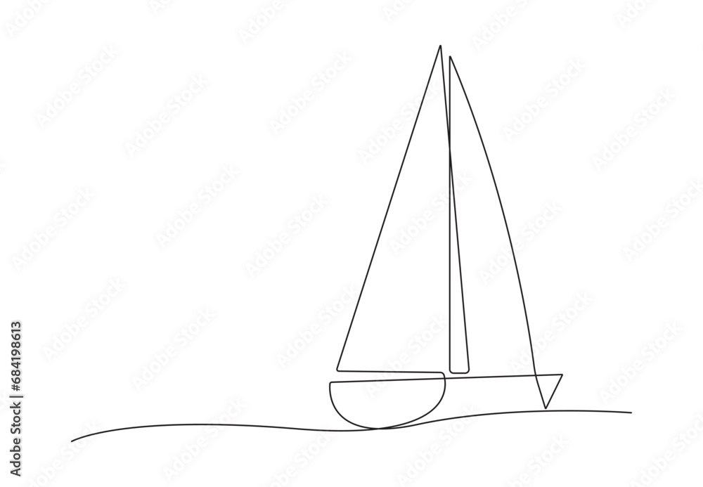 Poster continuous one line drawing of sailboat ship. isolated on white background vector illustration. pro 
