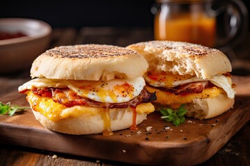 English muffin sandwich, freshly prepared and served on a welcoming breakfast table in the soft morning light - obrazy, fototapety, plakaty