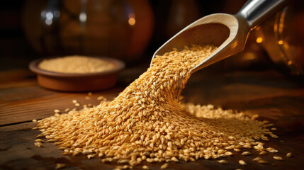 Beer malt grains being poured with a spoon - obrazy, fototapety, plakaty