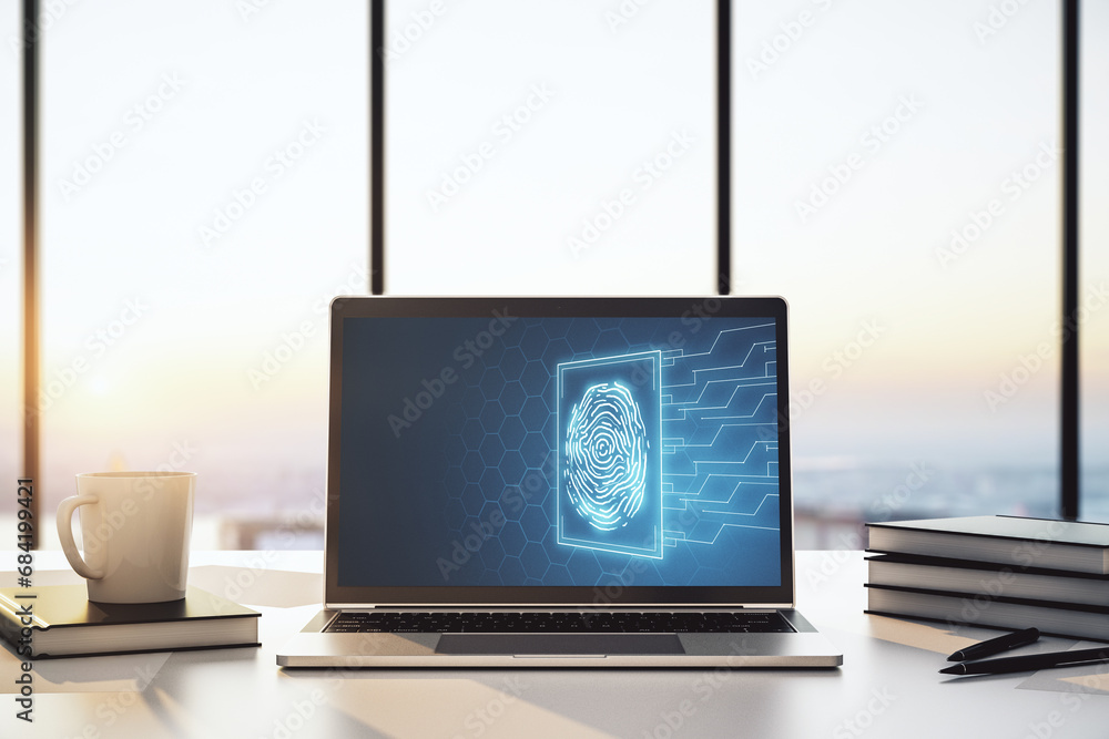Aufkleber Modern computer screen with creative fingerprint hologram, personal biometric data concept. 3D Rendering
