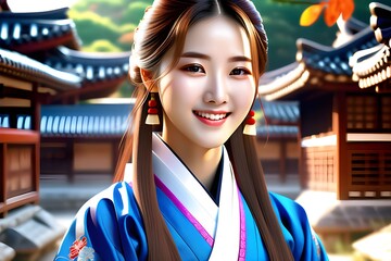 A pretty Korean woman in her 20s wearing a hanbok. Generative AI