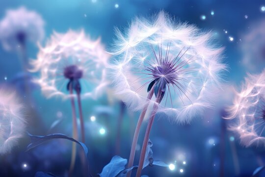 Unveiling the Intricate Beauty: Mesmerizing Blue Dandelions Kissed by Dewdrops Generative AI