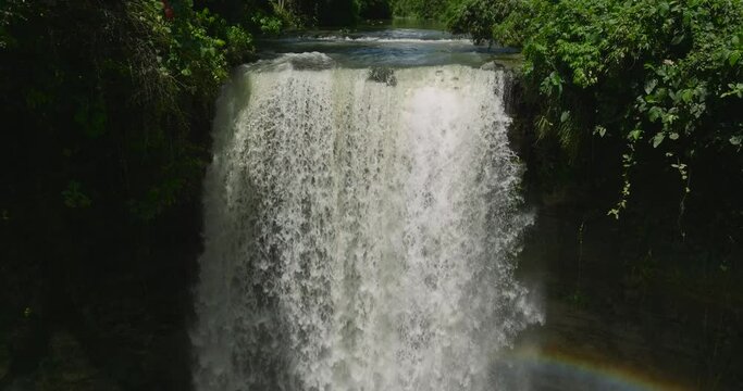 Drone view of beautiful water curtain like, Hikong Alo Falls. Lake Sebu. Mindanao, Philippines.