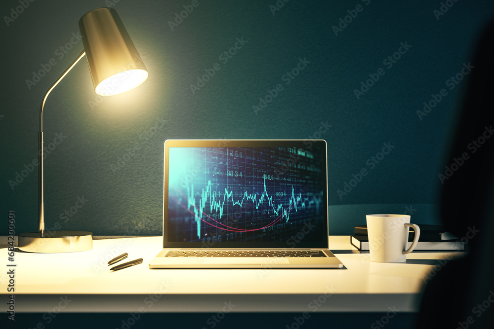 Aufkleber modern computer screen with abstract financial diagram, banking and accounting concept. 3d rendering