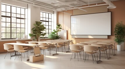 Beige and gray classroom interior with projection screen, copy space, 16:9 - obrazy, fototapety, plakaty