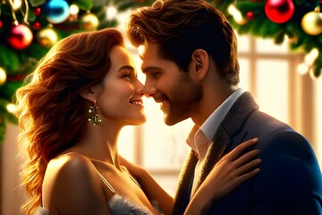 Actor couple facing each other under mistletoe at Christmas. Generative AI