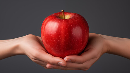 Two hands holding a apple on dark background