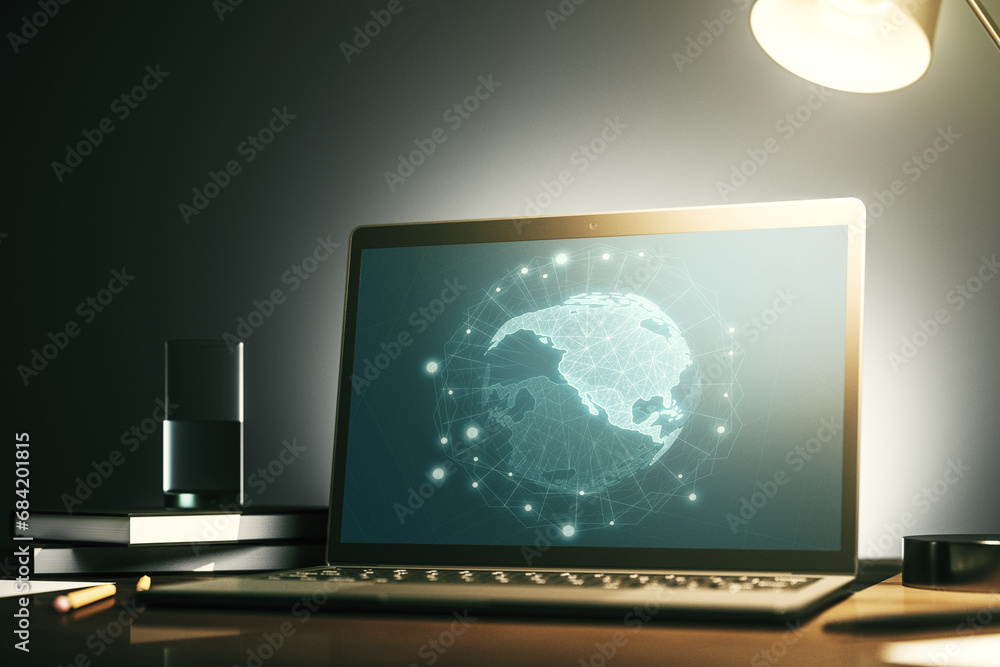 Poster modern computer monitor with america map, research and strategy concept. 3d rendering