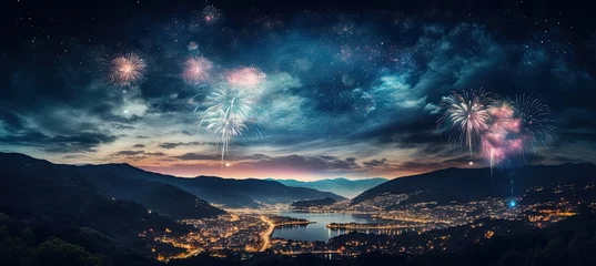 Fotobehang "Sky's Grand Overture: Celebrate the turning of the calendar with a breathtaking new year fireworks show, an epic display that sets the stage for the year ahead." Generativ ai. © Gogi