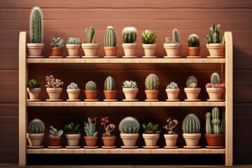 Explore a Stunning Array of Cacti on Rustic Wooden Shelves - Natural Decor Inspiration Generative AI