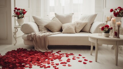 A cozy living room adorned with heart-shaped pillows and red rose petals scattered on a white rug.