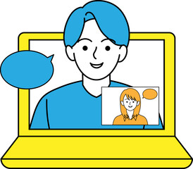 オンラインでモニター上の男性と会話をする女性