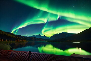 The night sky with a wide green aurora. Generative AI
