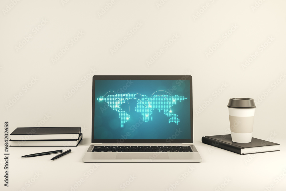 Poster abstract creative world map with connections on modern laptop screen, international trading concept.