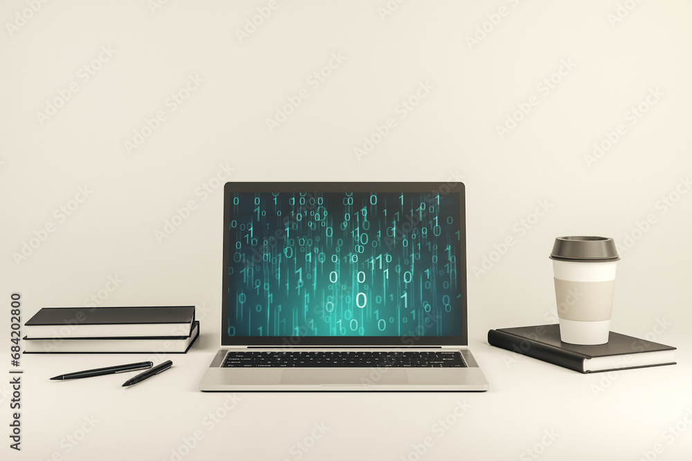 Aufkleber Creative abstract binary code hologram on modern computer monitor, AI and machine learning concept. 3D Rendering