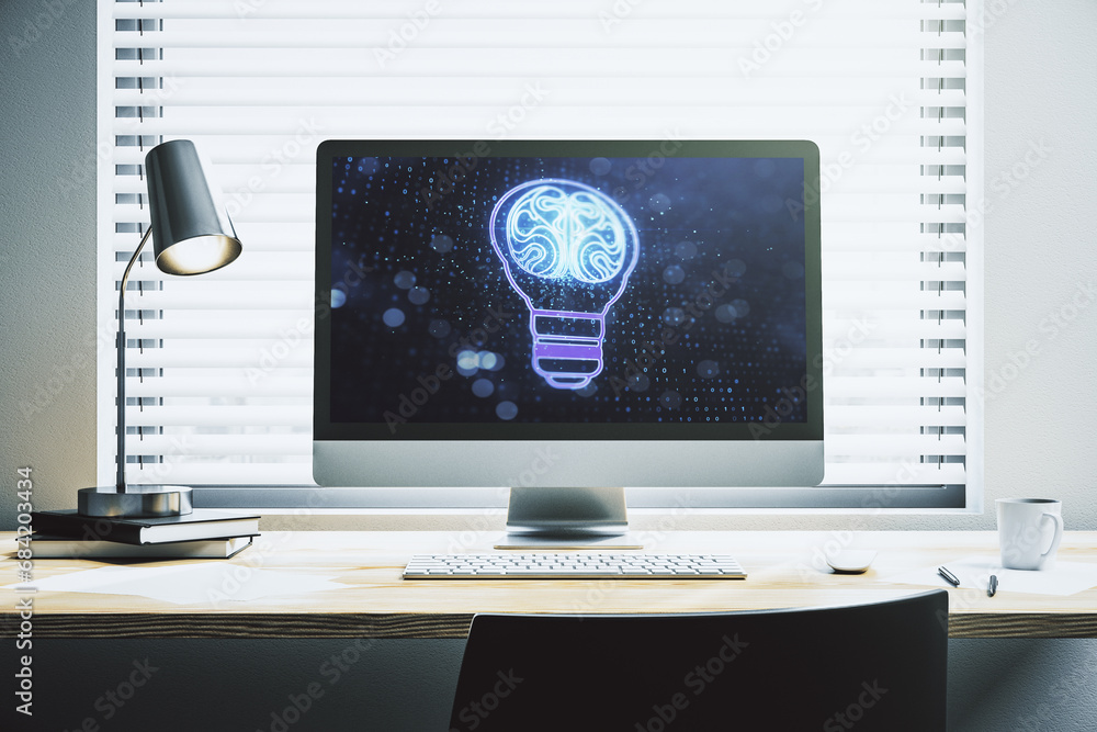 Poster creative light bulb illustration with human brain on modern computer monitor, future technology conc