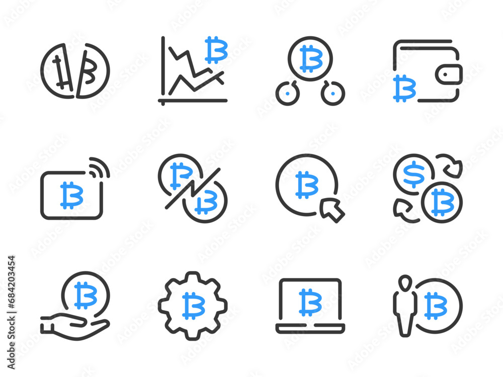 Poster bitcoin and crypto vector line icons. cryptocurrency outline icon set.