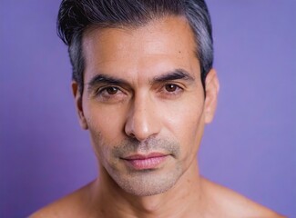 Obraz premium Breast Cancer Awareness Day Concept. Isolated middle aged Latin brunette man on purple background with copy space for text.