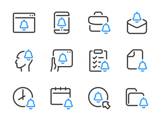 Bell and Notification vector line icons. Reminder and Announcement outline icon set.