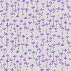 Hand drawn chalk pastel seamless pattern with little violet flowers and grey leaves as summer floral simple background.