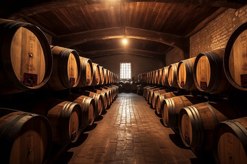 Wine barrels in a wine cellar. Oak Wine Barrels in winemaking and Winery Barrel room. Wooden oak barrels with whiskey in storage, Vintage Wine in an old barrel. Wood Wines Barrels In Winery Cellar. - obrazy, fototapety, plakaty