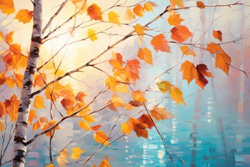 Mesmerizing Dance of Autumn Leaves on a Birch Tree - A Spectacular Artistic Display Generative AI