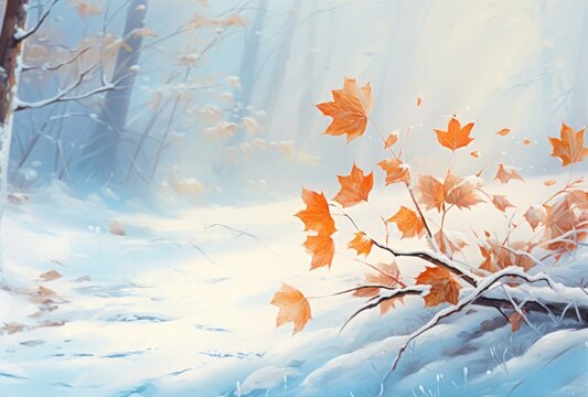 Mystic Union: Vibrant Autumn Leaves Adorning Snowy Landscapes Generative AI