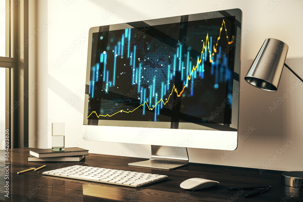Fototapete Modern computer display with abstract financial graph, financial and trading concept. 3D Rendering