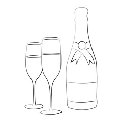 Illustration of happy new year. Clinking glasses, champagne, candles.