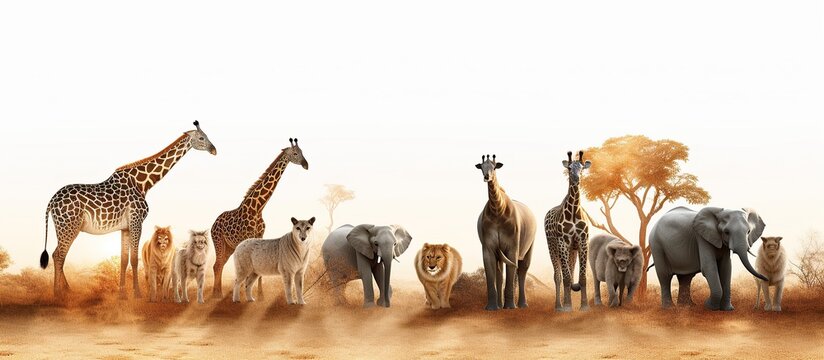 Fototapeta Group of wild african animal on white background illustration