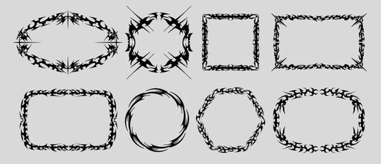 Neo Tribal frame. Cyber sigilism elements, gothic y2k sharp spikes sphere, square, rectangle. Vector